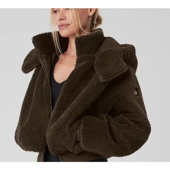 Alo Foxy Sherpa Fleece Fuzzy Jacket Coat Chocolate Brown XS - Picture 2 of 6